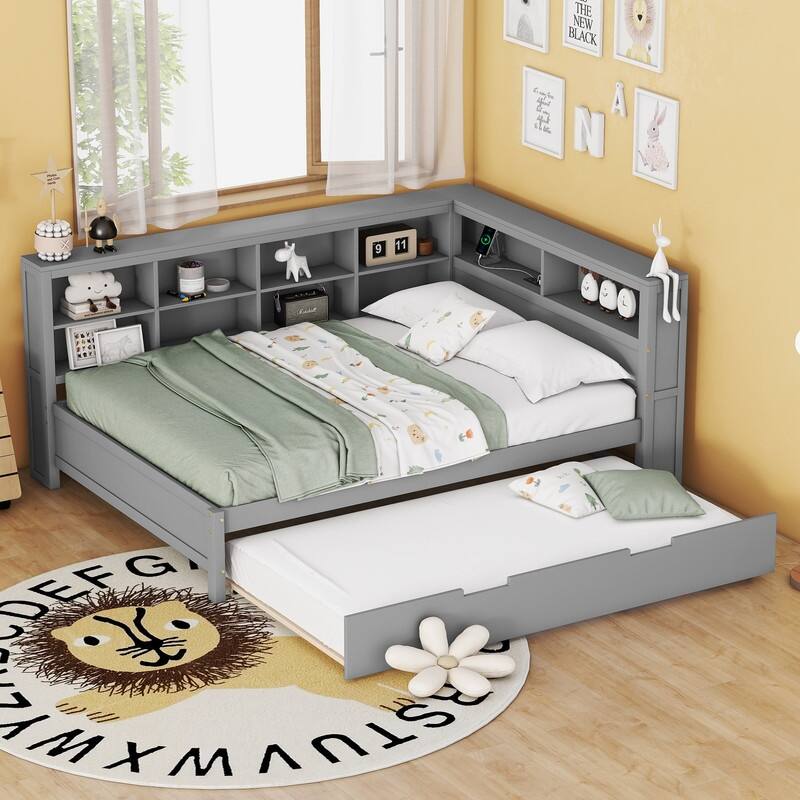 Wooden Full Size DayBed with Twin Size Trundle, DayBed with Storage Shelf and USB Charging Ports - Gray
