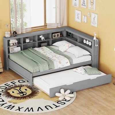 Wooden Full Size DayBed with Twin Size Trundle, DayBed with Storage Shelf and USB Charging Ports