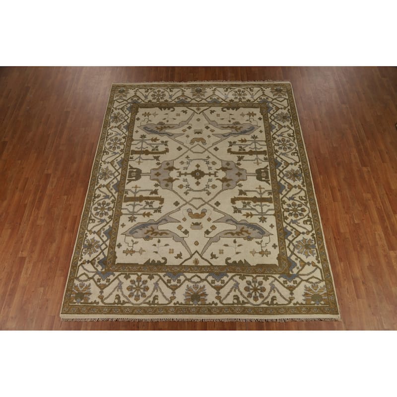 All-Over Ivory Oushak Indian Area Rug Hand-Knotted Wool Carpet - 8'0"x 9'11"
