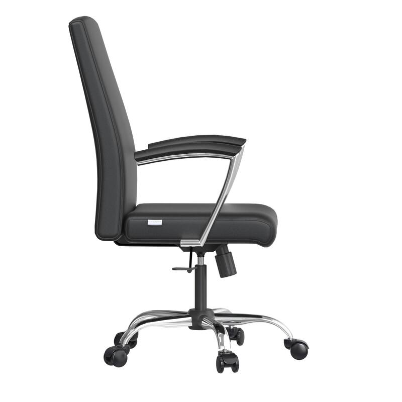 LeisureMod Evander Modern Swivel Office Chair in Faux Leather with Silver Frame