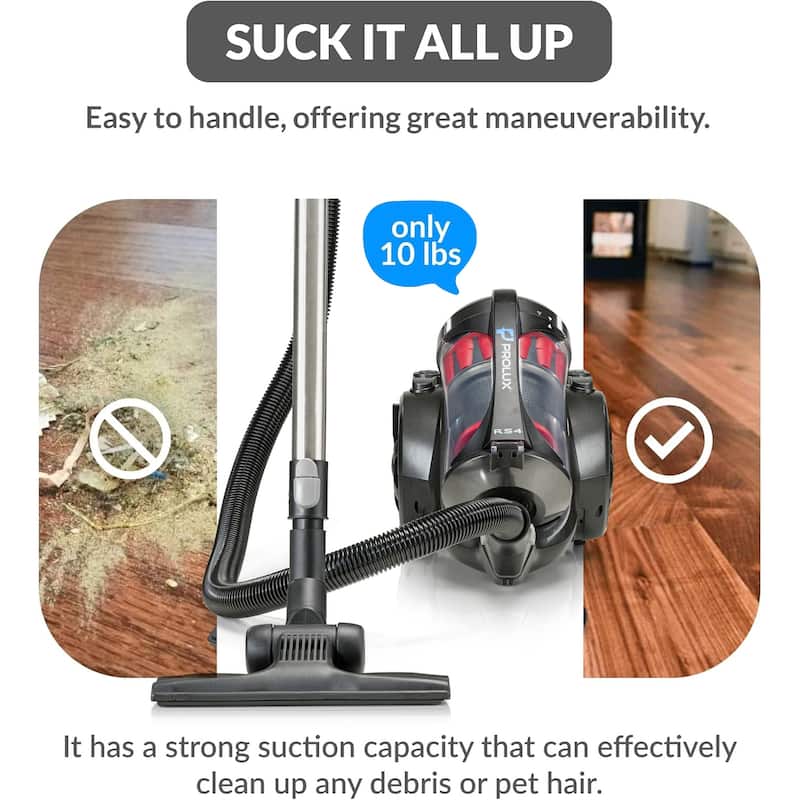 Prolux RS4 Lightweight Bagless Canister Vacuum with Dual HEPA Filtration Premium Button Lock Tools and Automatic Cord Rewind