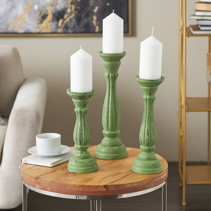 Wooden Distressed Turned Decorative Candle Holder - Set of 3 Gray, Brown, Blue, Green - Roche River Decor