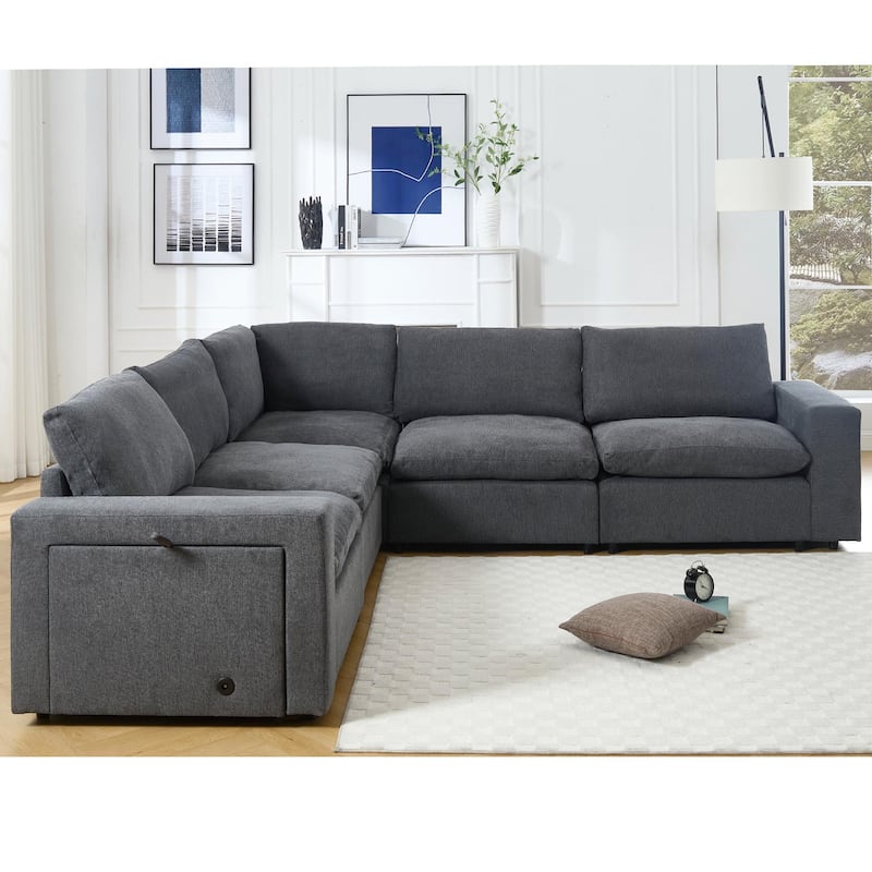 141.5" Linen Modular L-Shaped Sectional Sofa with Charging