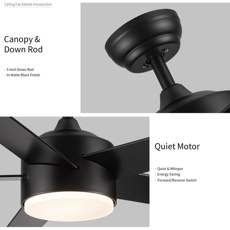 52 in.Outdoor Integrated Light Kit Glam Matte Black Ceiling Fan with 5 Revesible Plywood Blades, Remote Control - 52 INCHES