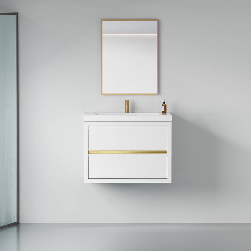 30" White Wall-Mounted Bathroom Vanity with Soft Close Drawers and Top - White