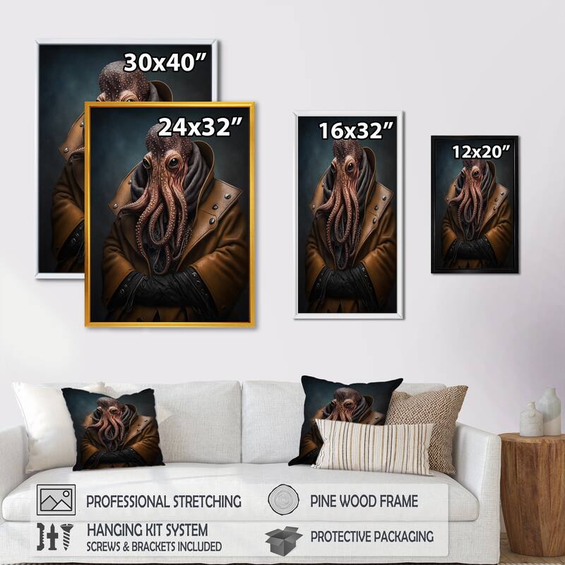 Designart "Anthropomorphic Of Octopus Portrait I" Animals Framed Canvas Art Print