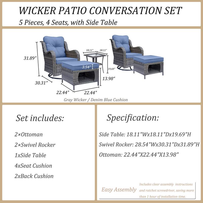 High Back Wicker 5 Piece Patio Set-Outdoor Swivel Chair with Ottoman