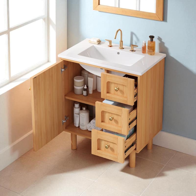 30" Farmhouse Bathroom Vanity with Ceramic Sink, Soft Close Door and 3 Drawers, MDF Storage Cabinet