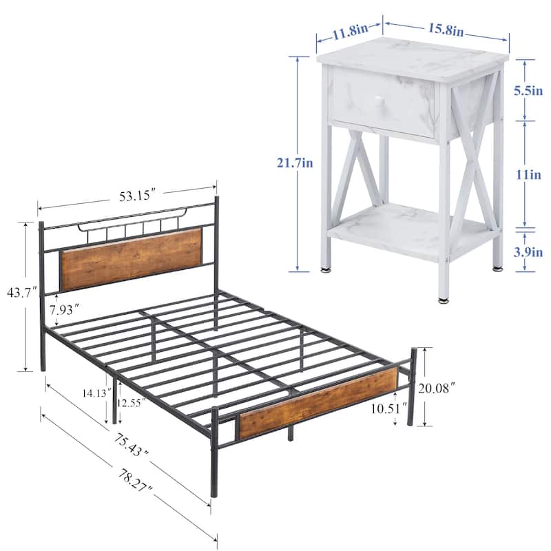 Taomika Mid Century 3-Pieces Bed and Nightstands Sets
