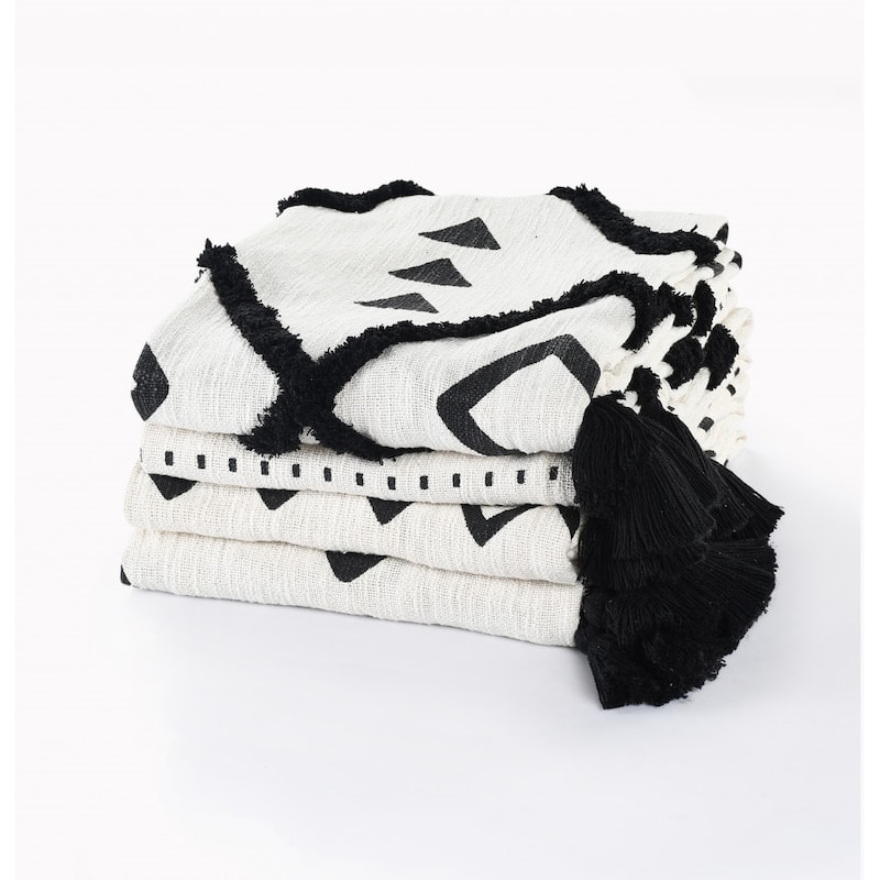 60" X 50" Black and White Woven Cotton Geometric Throw Blanket with Tassels