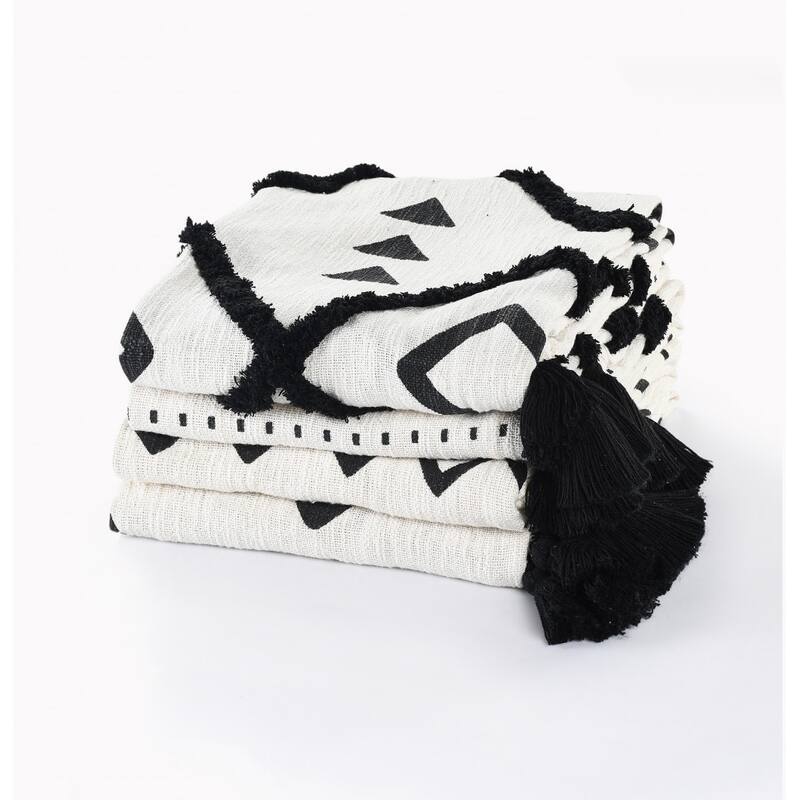 60" X 50" Black and White Woven Cotton Geometric Throw Blanket with Tassels