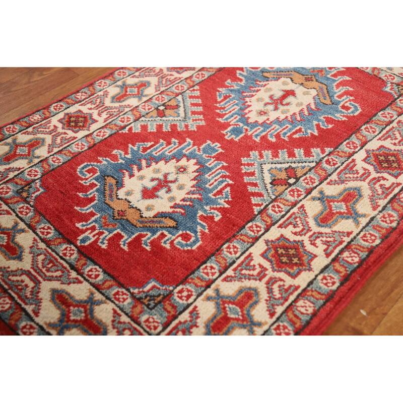 Geometric Kazak Oriental Rug Handmade Traditional Red Wool Carpet - 2'0" x 3'0"