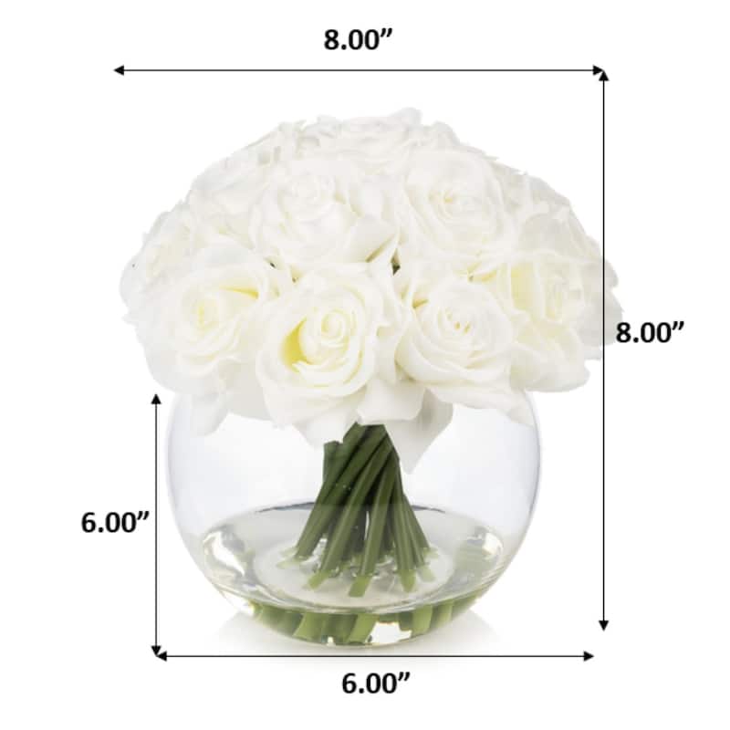 Enova Home 16 Heads Artificial Silk Rose Flowers in Round Glass Vase With Faux Water For Home Wedding Decoration