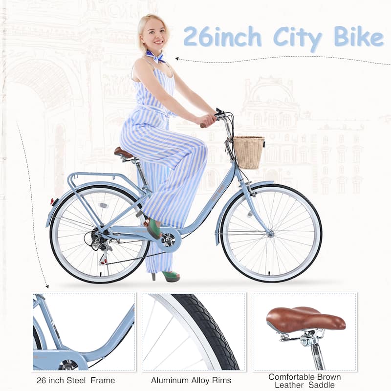 26 Inch Road Cycling Bicycle, Shimano 7 Speed City Bike with Basket and Dual V-Brake, Low Step-Thru Steel Frame for Teens