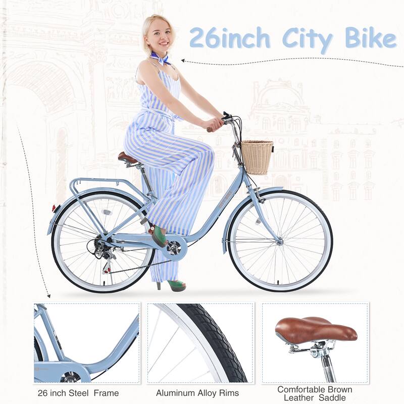 7 Speed City Bike With Basket,Steel Frame,Multiple Colors 26 Inch Girls Bicycle