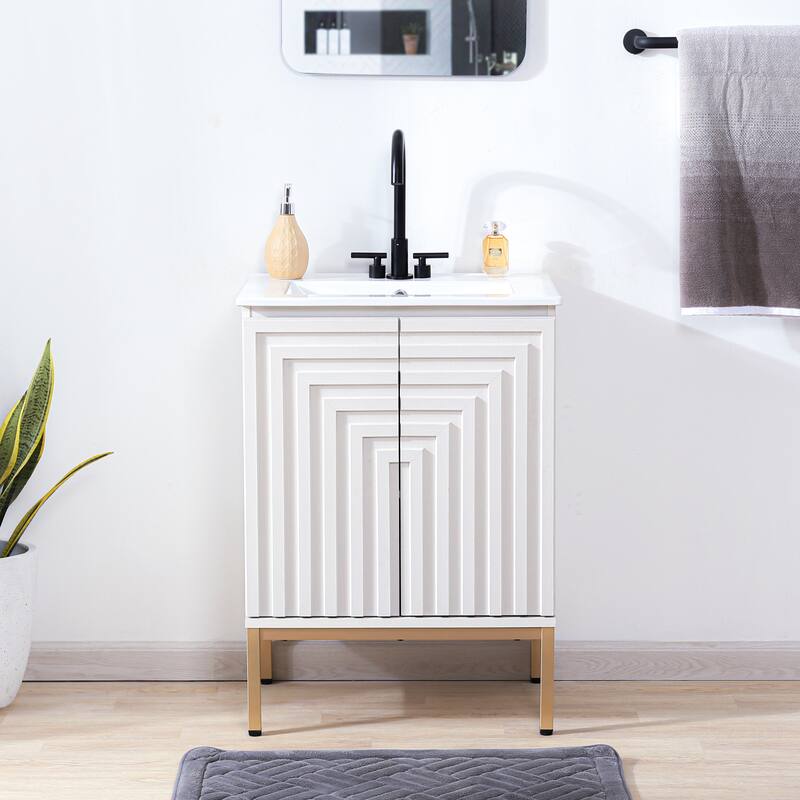 Rowan Geometric Modern Transitional 2-Shelf Bath Vanity Cabinet Only (Sink Basin Not Included), By JONATHAN Y - White - 24"W x 18"D x 33"H