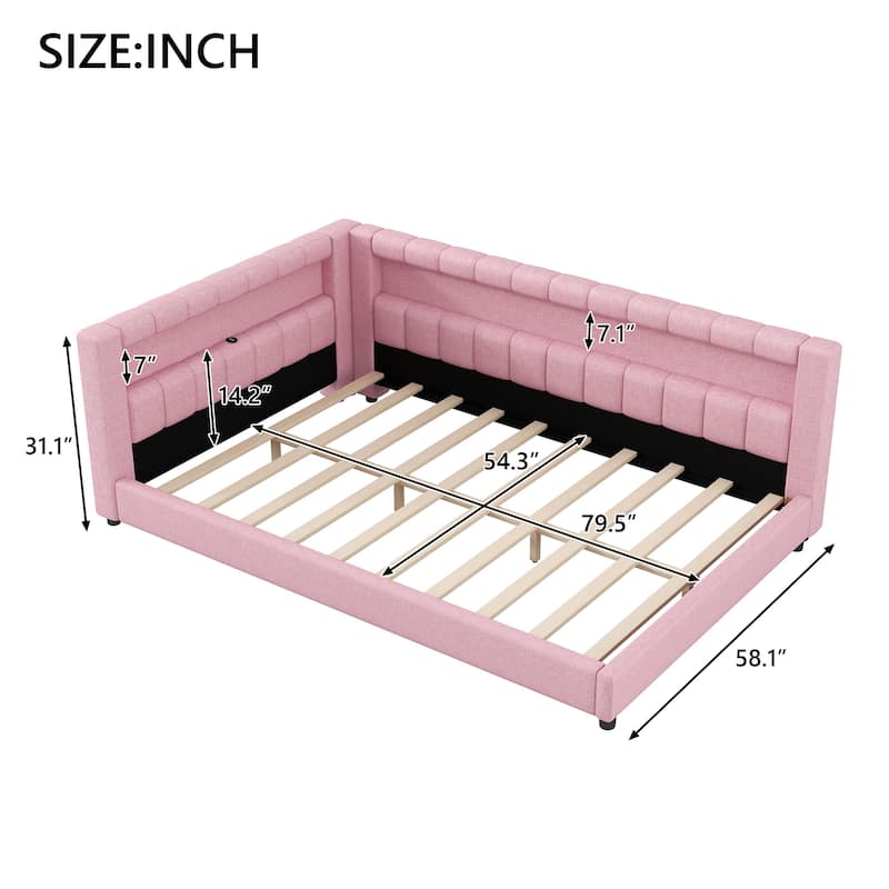 Upholstered Low-Profile Daybed Platform Bed Built-in USB Ports and LED Light Belt, Grounded Design with Padded Backrest
