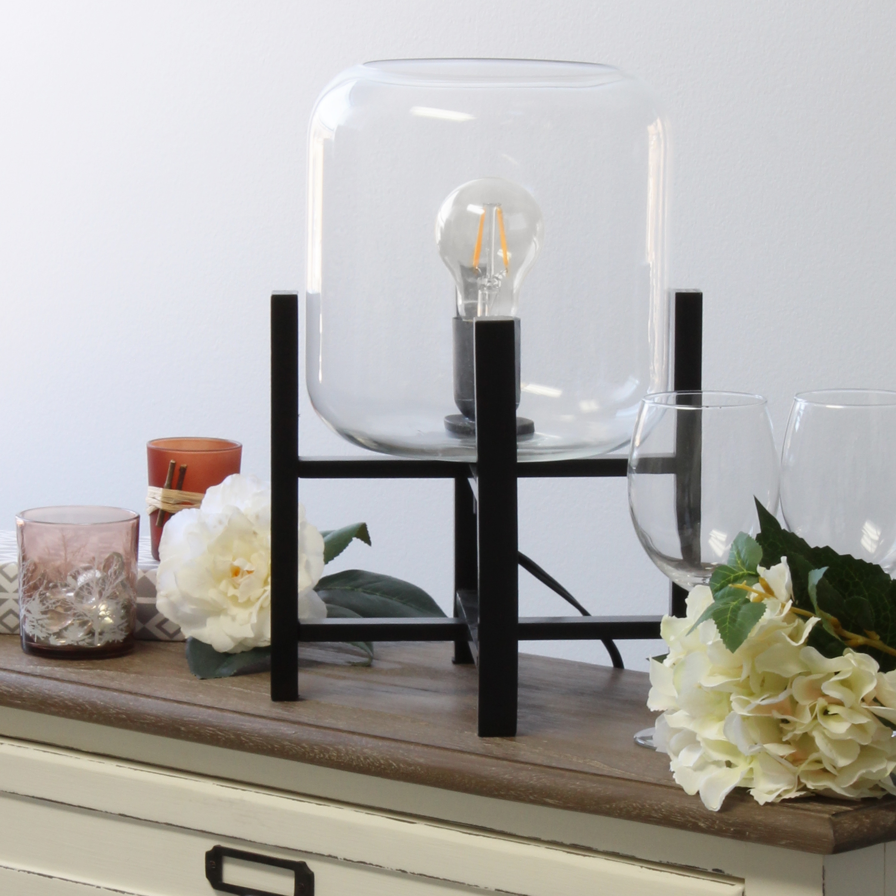 Simple Designs Black Wood Mounted Table Lamp with Clear Glass Cylinder - 20x20.75x16.25