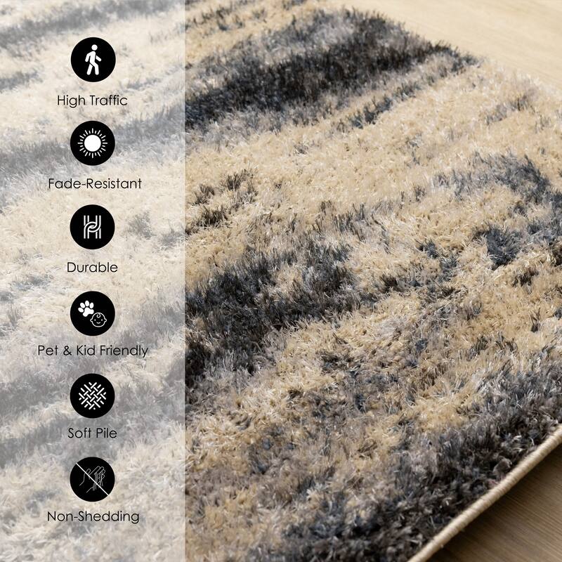 Beige Grey Black Distressed Soft High-Traffic Rug