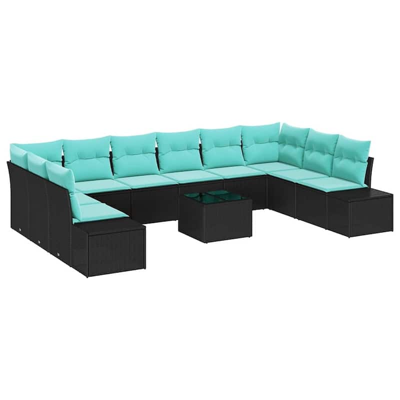 vidaXL 11 Garden Sofa Set with Cushions Black Poly Rattan - 135.4 x 24.4 x 27.2