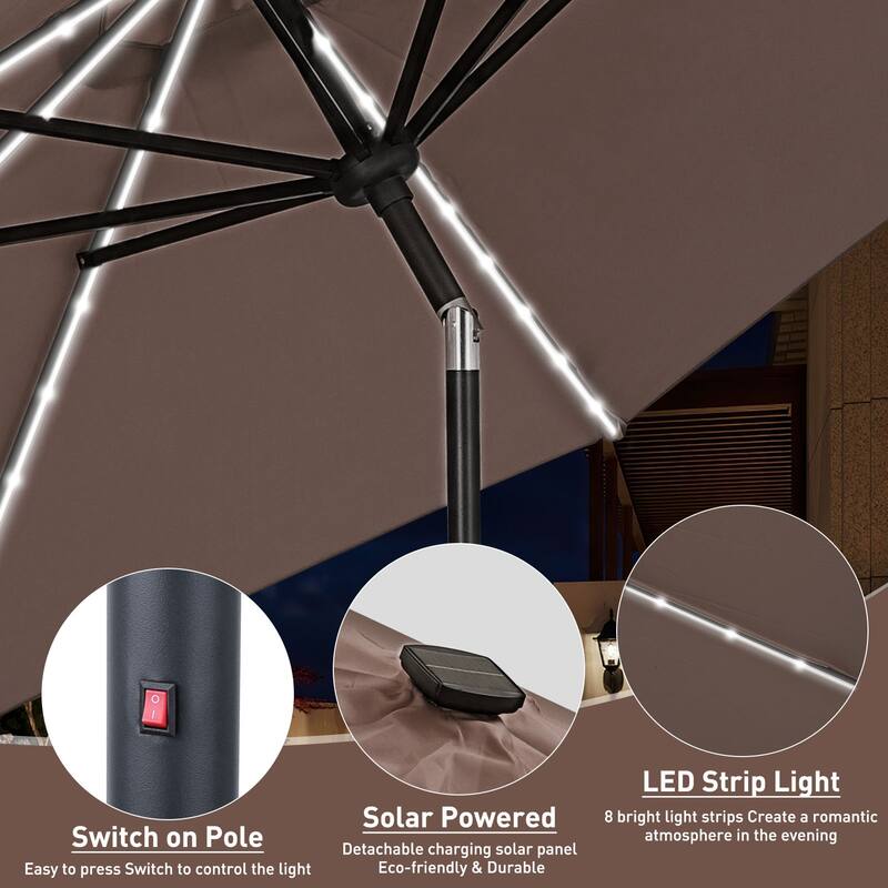 Ainfox 10ft Solar Patio Umbrella 40 LED Lighted and Umbrella Base, Strip Lights Outdoor Market Table Umbrella