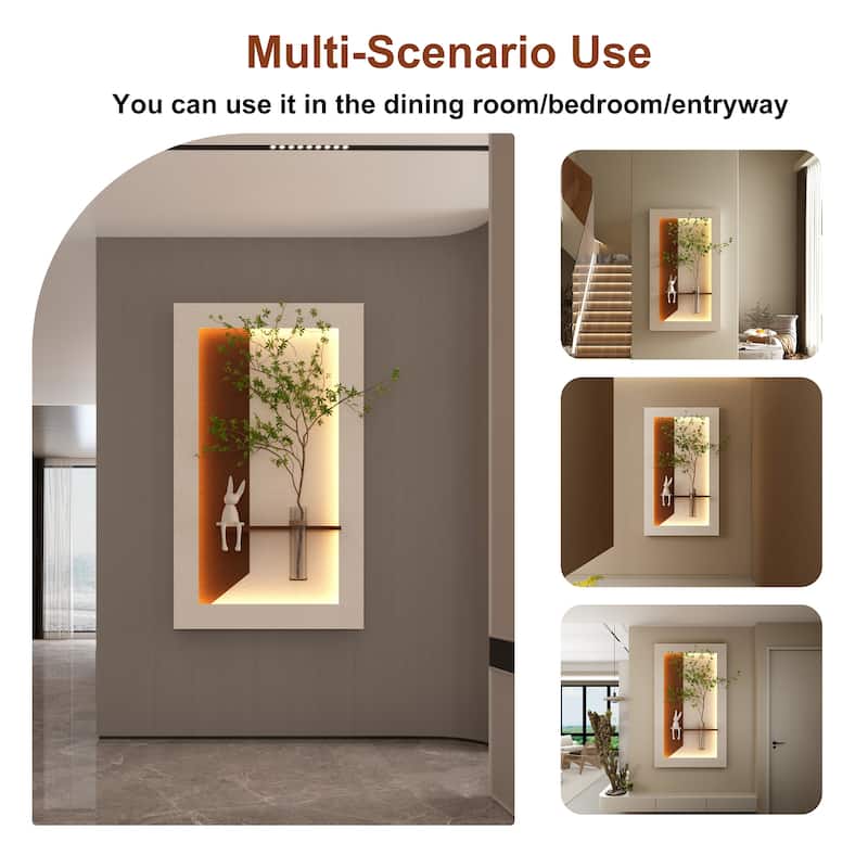 Adjustable 3-Color LED Sandstone Wall Decor with Simulated Green Plants, Glass Vase & Rabbit Statue, Remote Control Light Strips
