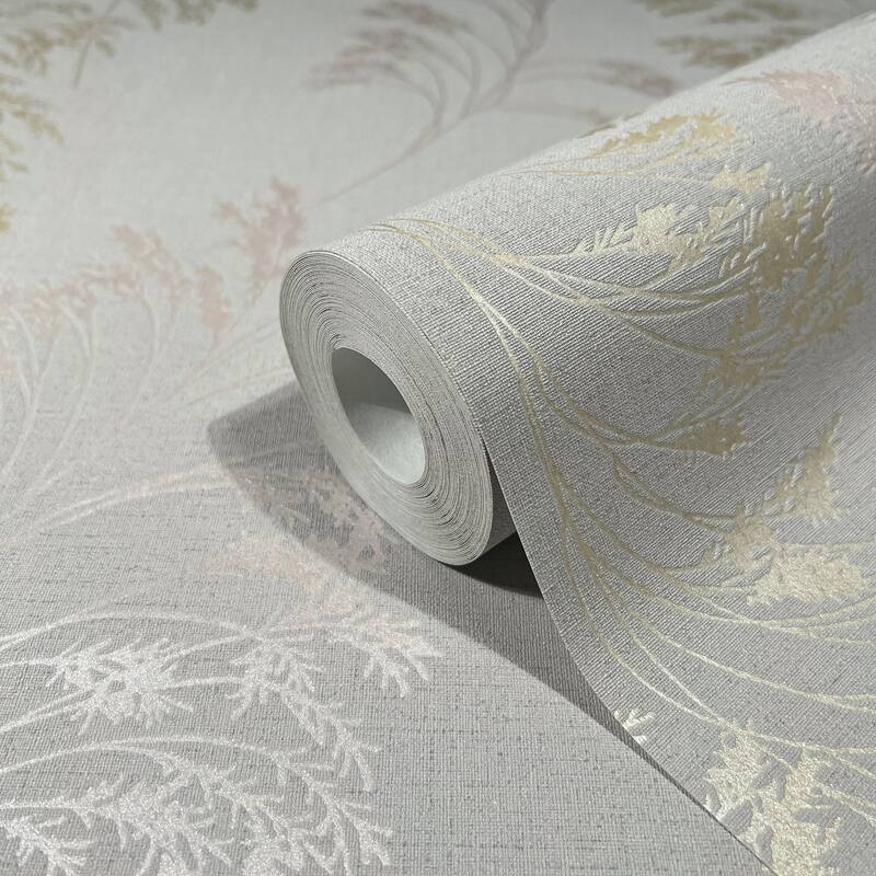 Galerie Wallcoverings Shrub Leaf On Plain Linen Texture Vinyl on Non-woven Soft Metallic Wallpaper Roll