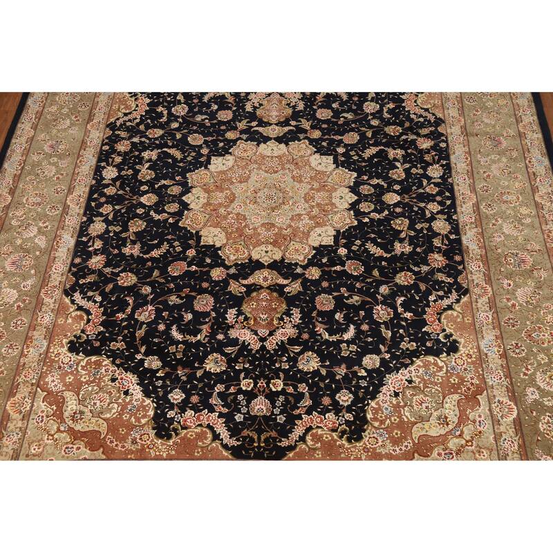 Vegetable Dye Floral Tabriz Chinese Rug Handmade Wool and Silk Carpet - 9'1" x 12'1"