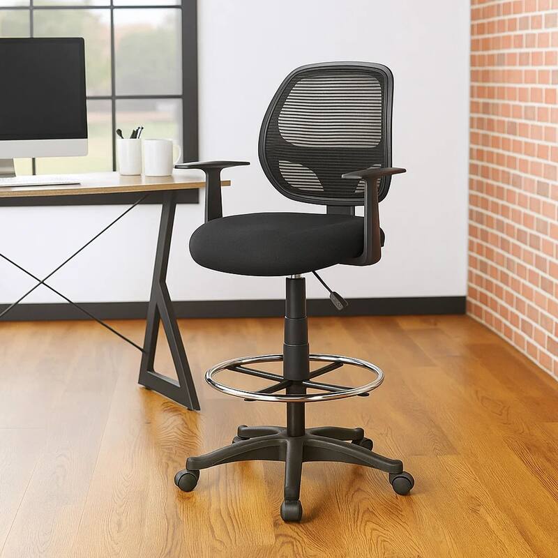 Lem Swivel Office Stool with T Arms, Footring, Black Linear Mesh Back