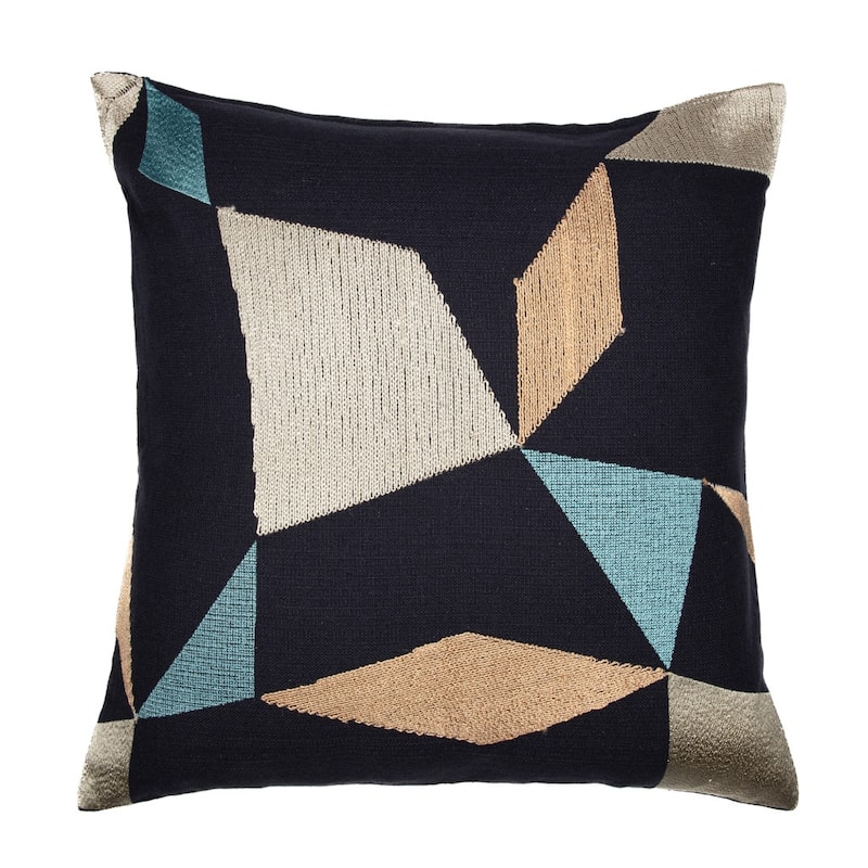 HomeRoots 20" Blue and Beige Geometric Cotton Blend Throw Pillow With Embroidery