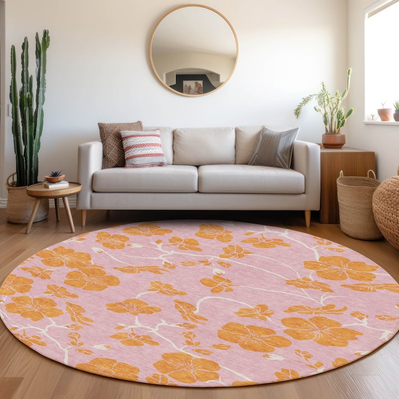 Machine Washable Indoor/ Outdoor Floral Zen Chantille Rug - Pink - 8' x 8'