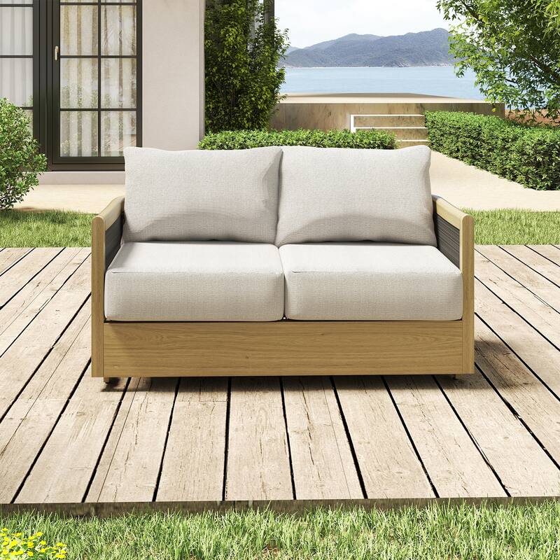 Overture 2-Person Natural Wood Grain Aluminum Hand-Woven Rope Patio Loveseat with Beige Cushions