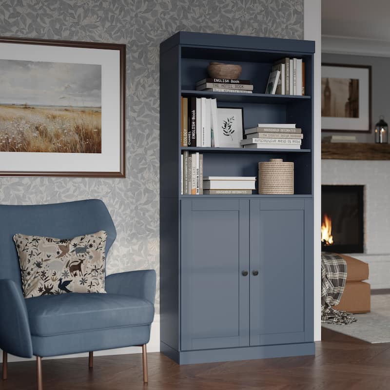 Solid Wood Tall Bookcase with Doors, Adjustable Shelves, Modular Storage, Open Display Bookshelf, 32" W x 71.5" H