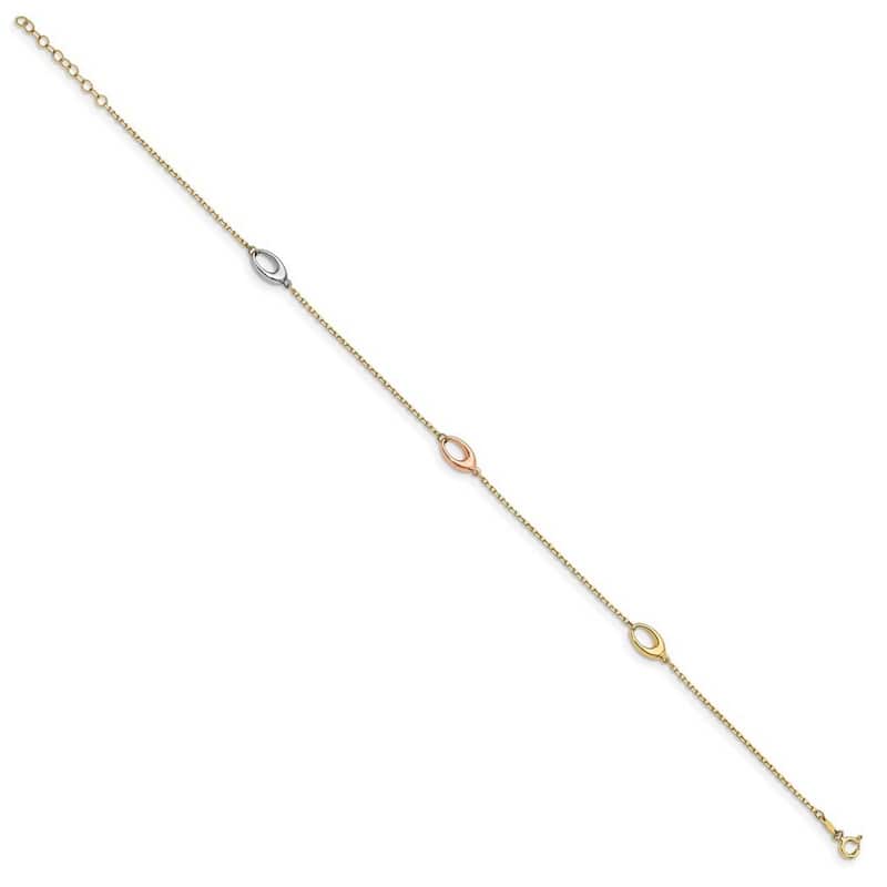 Curata Women's Italian 5mm 14k Tri-color Gold Polished Open Oval Station Anklet - 9.5 Inch