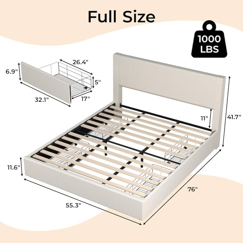 Platform Bed with 4 Storage Drawers, Tufted Wingback Upholstered Headboard, Strong Wood Slat Support