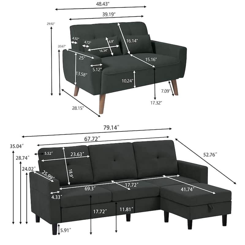 3 Pieces Living Room Set with Storage Ottoman