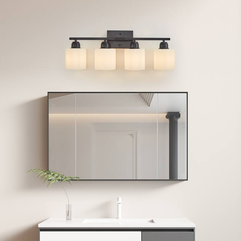4-Light Black Bathroom Vanity - Milky Frosted Glass - E26 Socket