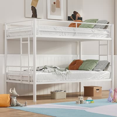 Bunk Bed Metal Twin Size Bunk Beds Frame with Ladder & Full-Length Guardrail Heavy Duty Sturdy 2 in 1 Convertible Bunk Bed