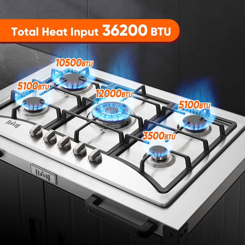 Feasto Gas Grill, Black, Movable Outdoor Gas Stove Stainless Steel Top with Cabinet