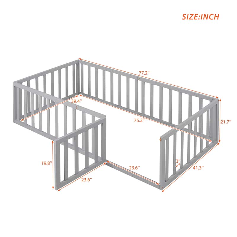 Wood Floor Bed Frame with Fence and Door, Sturdy and Durable Bed Frame, Twin Size