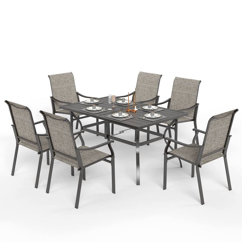 MAISON ARTS 7-Piece Patio Dining Set, Rectangle Metal Table and 6 Textilene Fabric Padded Armchairs