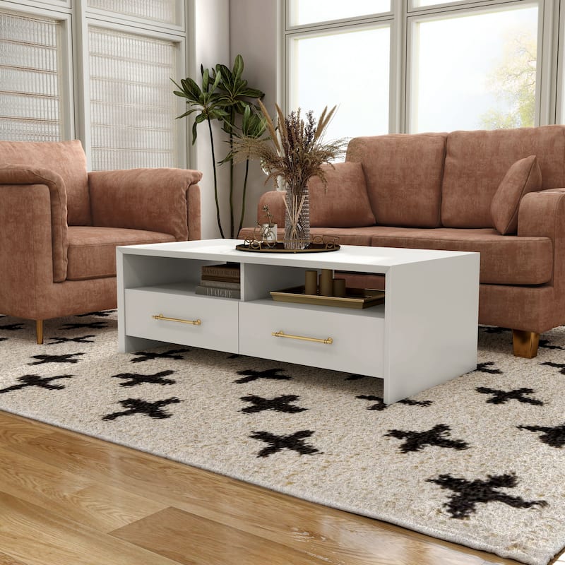 DH BASIC Modern 47-inch 2-Drawer Coffee Table with Metal Bar Handle by Denhour - White Pure