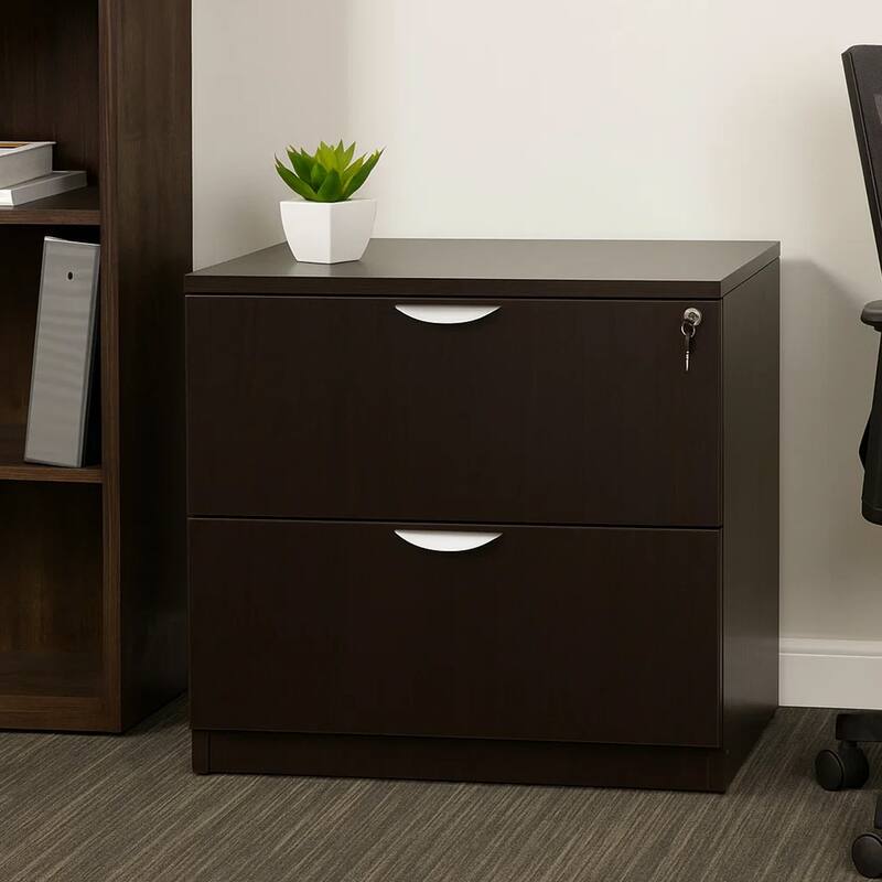 Tia Lateral File Cabinet, 31 Inch, 2 Drawers w Lock, Mocha Brown Wood