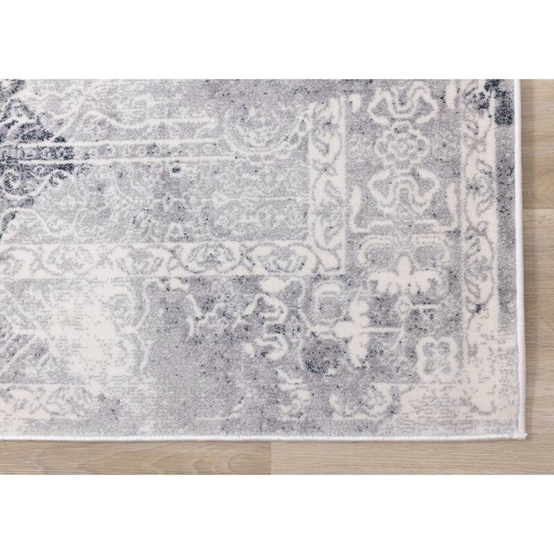 Sheffield Collection - Blue/Grey/Cream Distressed Border Rug