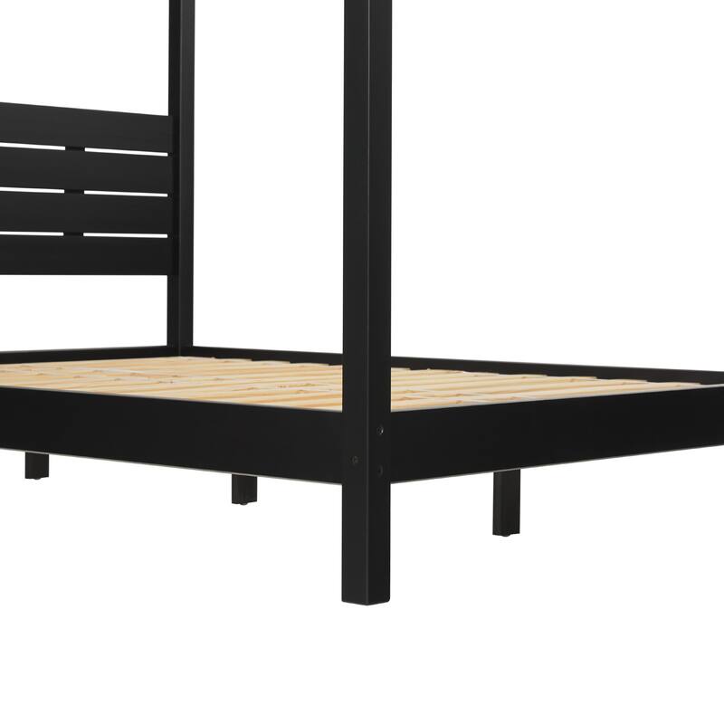 Modern Minimalist Boho Queen Canopy Bedframe in Black with Solid Pine Wood Construction