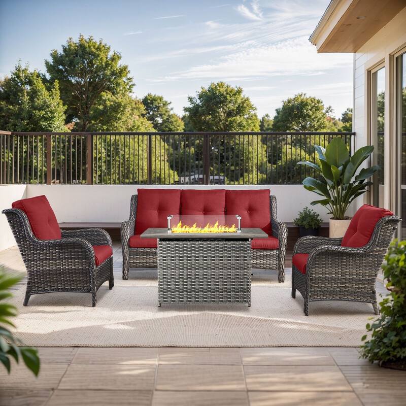 Fire Pit Table with Patio Sofa Club Chairs Grey-Red - Grey - Grey - Red