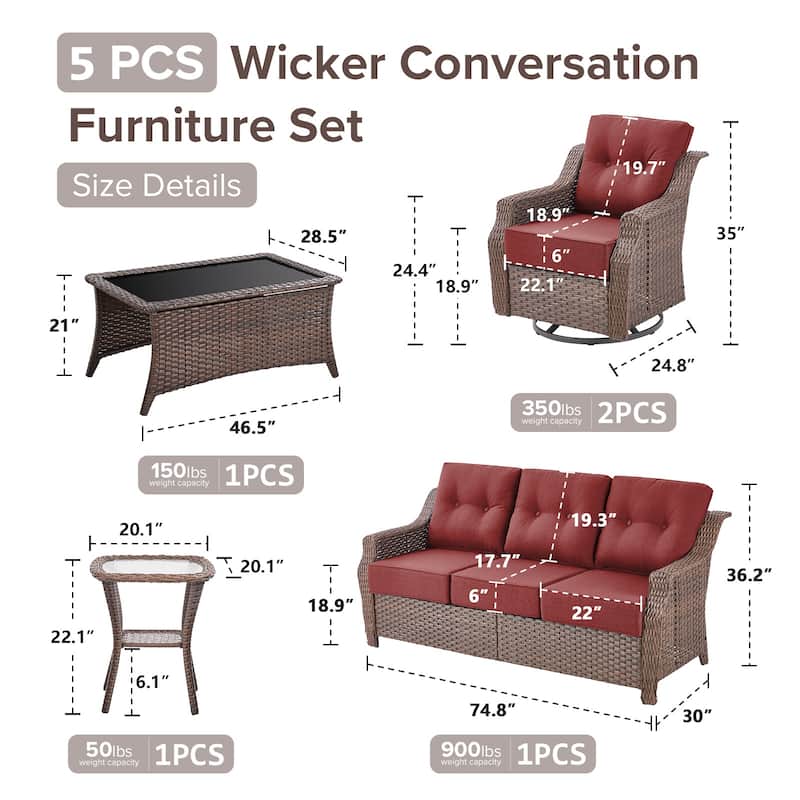 Gymojoy Wicker Patio Furniture Sofa Set, 6-Inch Ultra Thick Cushioned 360°Swivel Glider Chairs & Sofa Set