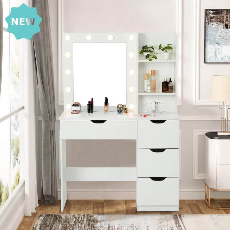 Modern Makeup Vanity with Mirror and Lights, 4 Drawers, 2 Shelves - White