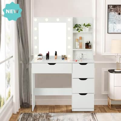 Modern Makeup Vanity with Mirror and Lights, 4 Drawers, 2 Shelves