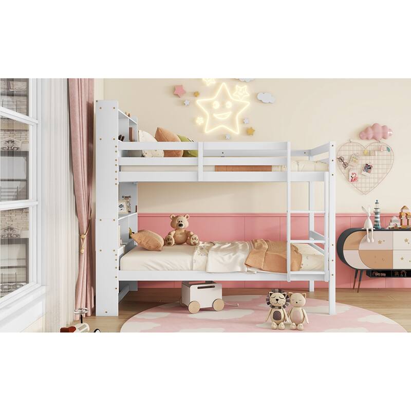Roomfitters Twin Over Twin Rubber Wood Bunk Bed with Shelves Headboard, Convertible Design, Ladder and Safety Guardrails